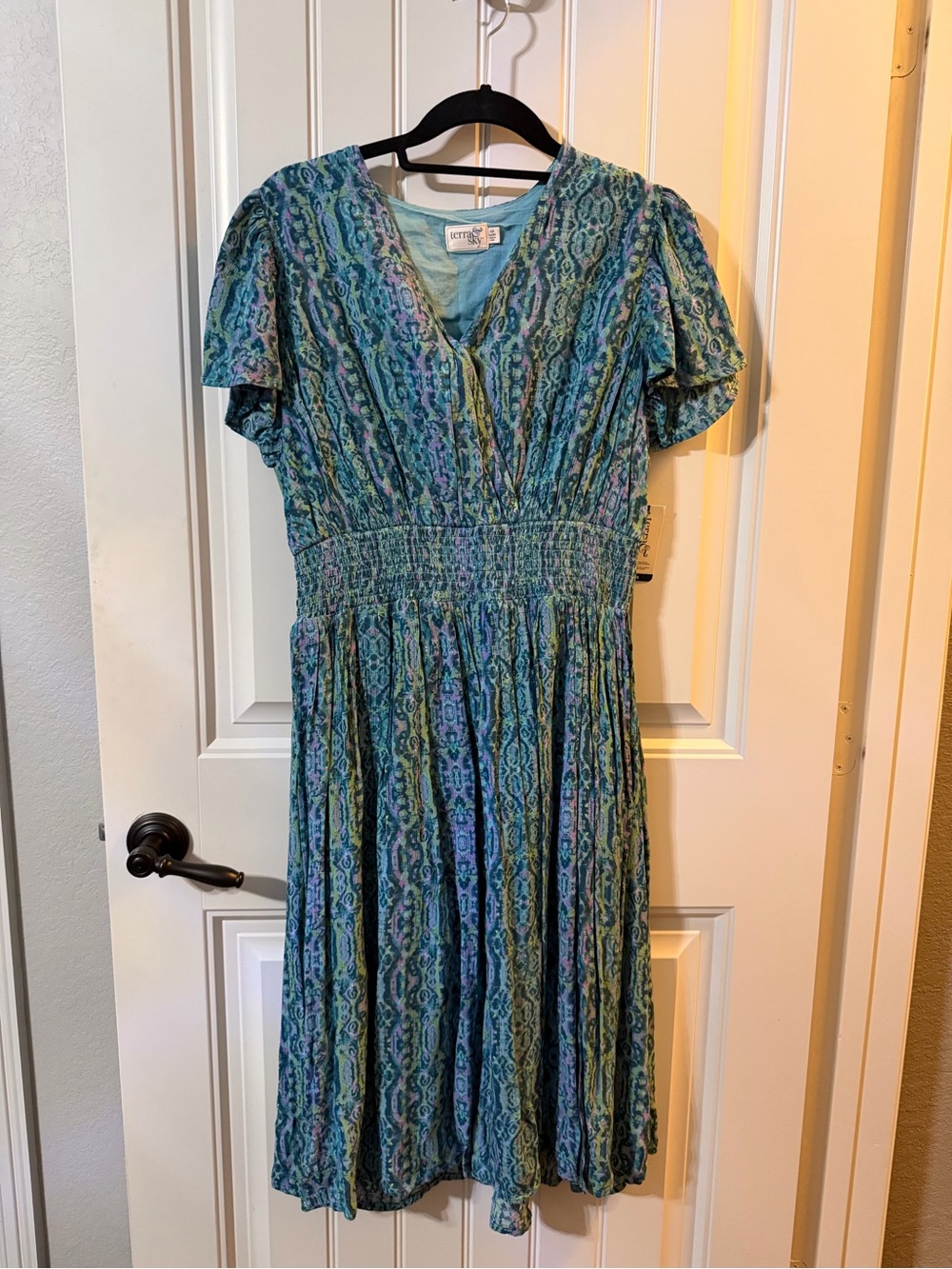 Terra & Sky Blue Green Patterned Midi Dress